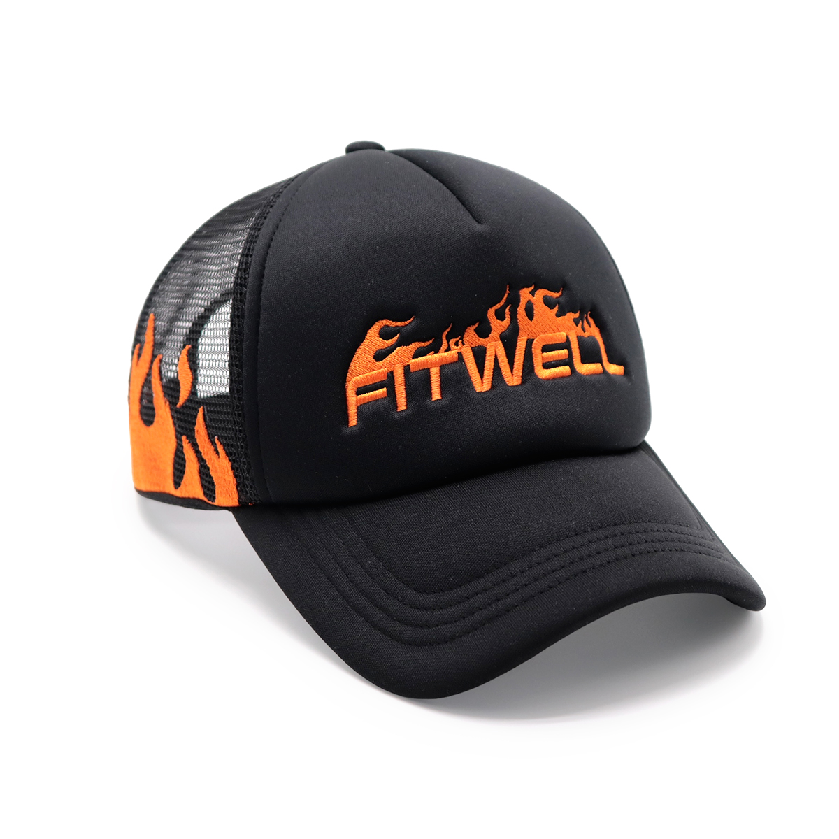 FITWELL Flame Embroidered Trucker Cap – Black Mesh Baseball Hat with Fire Lettering
