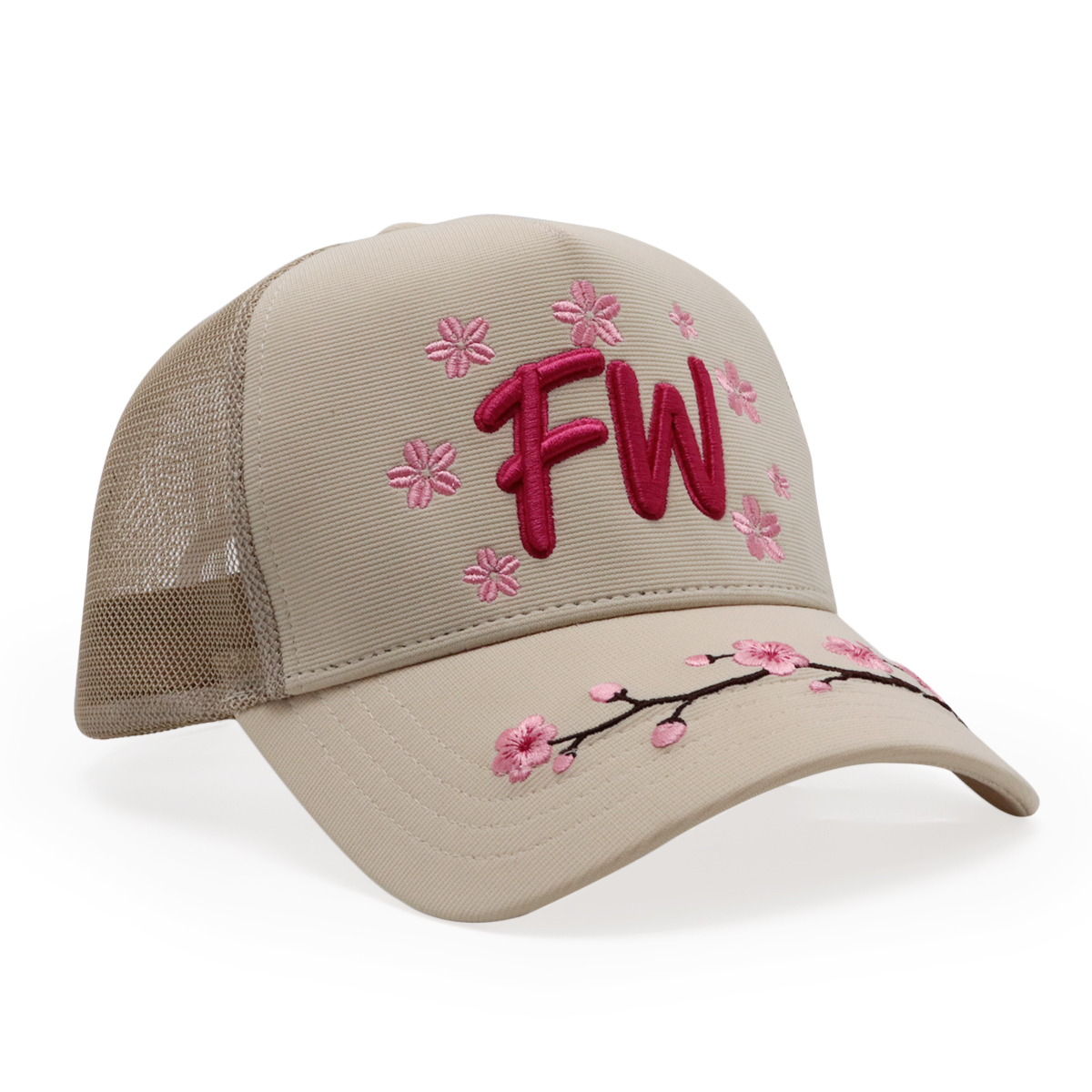 Beige Cherry Blossom 3D Embroidered Trucker Hat Pink Floral Mesh Back Cap