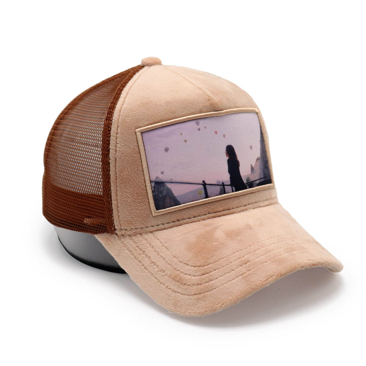 Vintage Aesthetic Suede Photo Patch Trucker Hat – Hot Air Balloon Landscape Mesh Cap