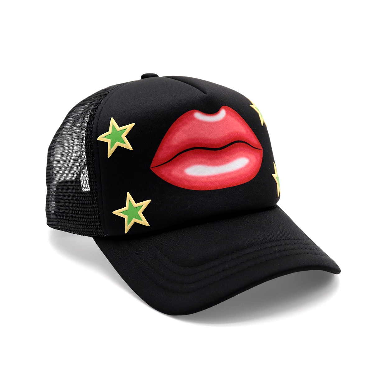 Fashion Black Trucker Cap with Red Lips and Green Star Pattern