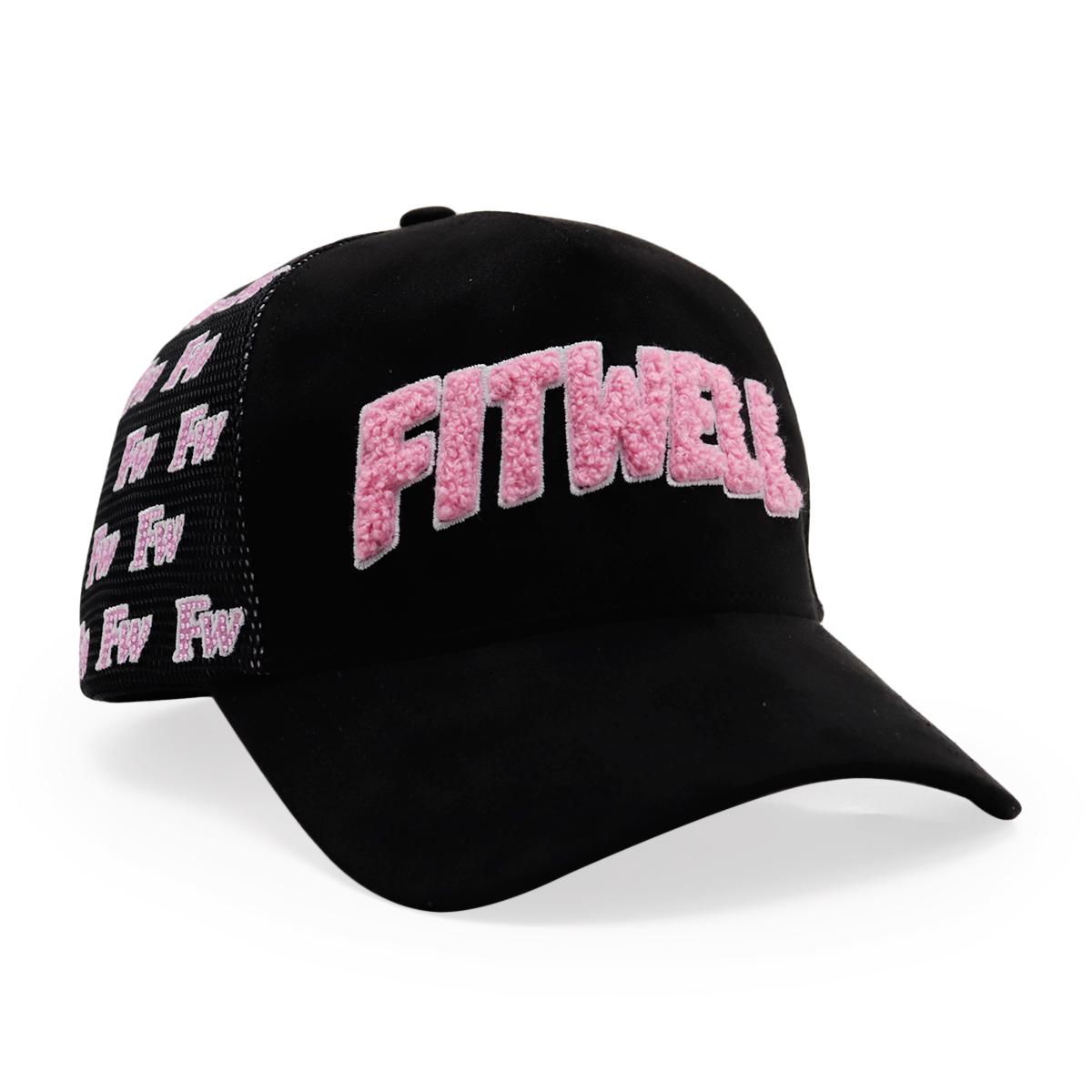Black Velvet Mesh Trucker Cap with Pink FITWELL 3D Embroidery