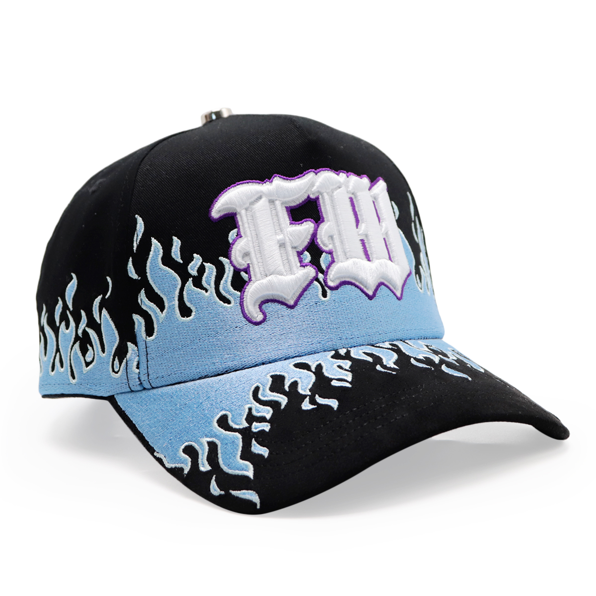3D Puff Embroidered Flame Baseball Cap Black Blue Gothic Letter Streetwear Hat