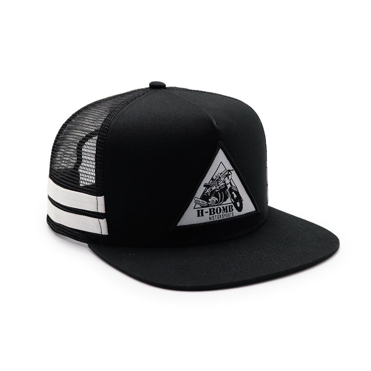 Black Flat Brim H-BOMB Patch Trucker Hat – Custom Snapback Mesh Cap for Motorsports Fans