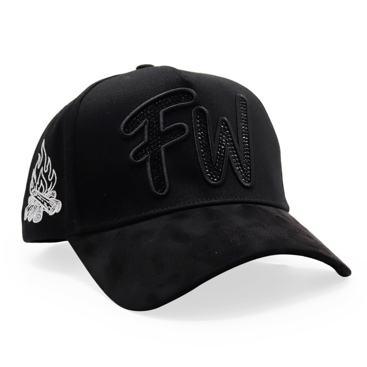 Black Suede Baseball Cap with Black Rhinestone FW 3D Logo and Sword Embroidery