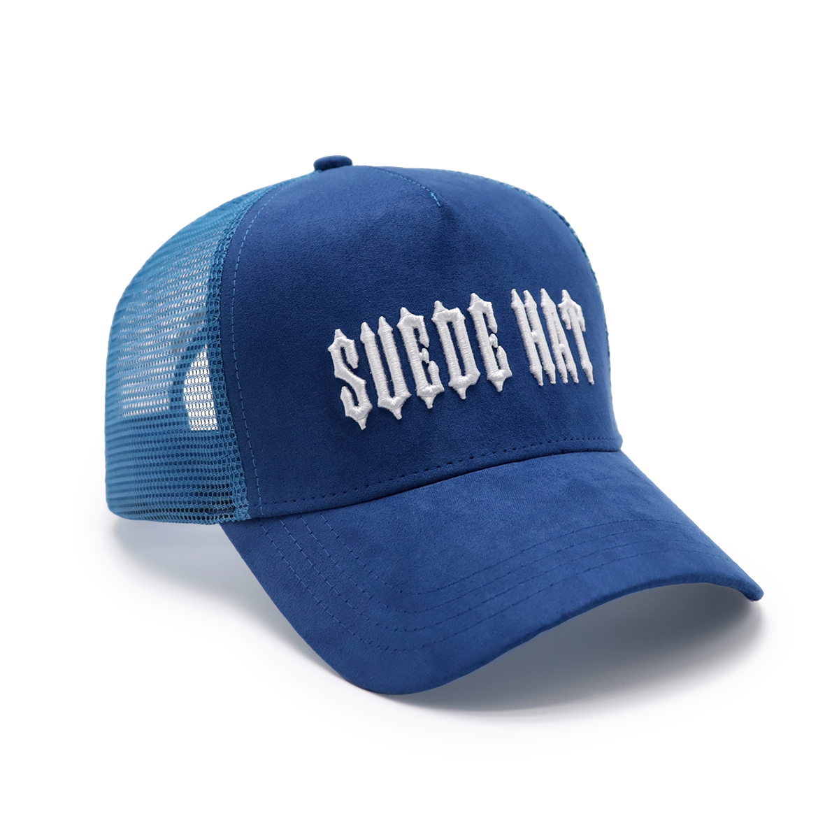Blue Suede “SUEDE HAT” Embroidered Mesh Baseball Cap – Gothic Style Unisex Trucker Hat