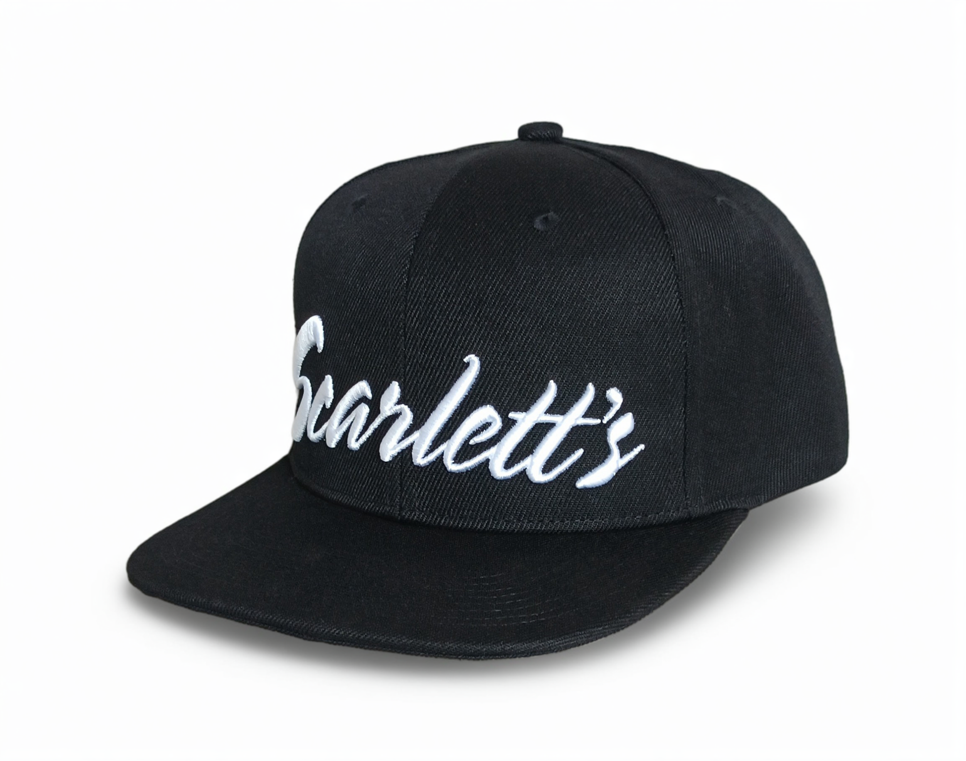 Scarlett's Script Logo Streetwear Black 6 Panel Custom 3D Embroidered Snapback Hat