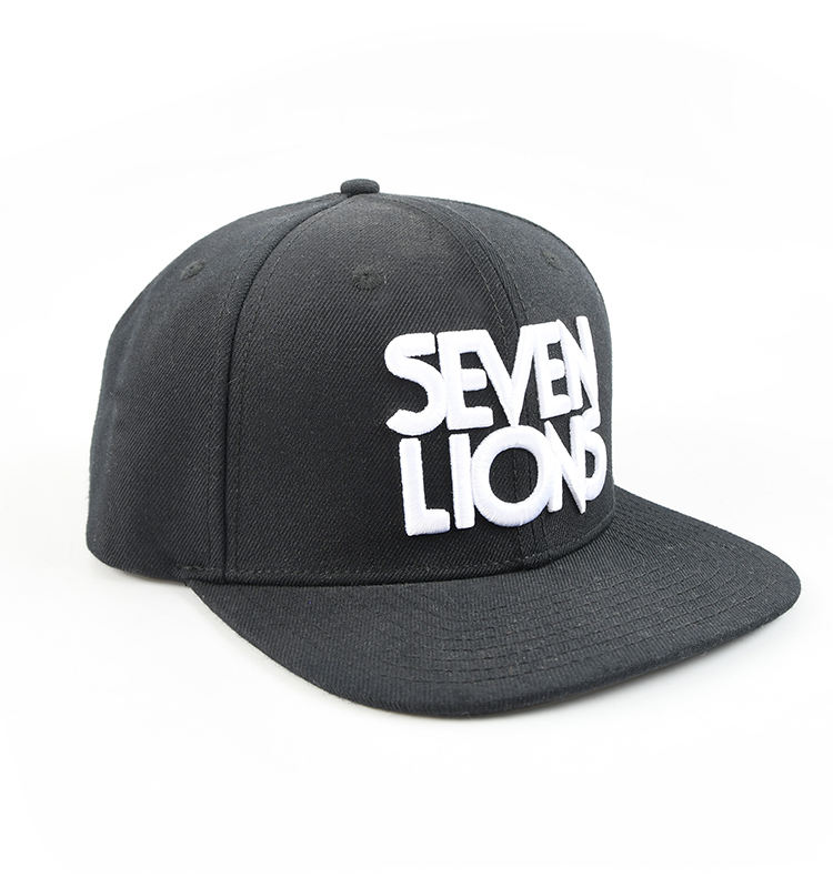 SEVEN LIONS Embroidered Snapback Hat – 3D Logo Black Flat Brim Cap