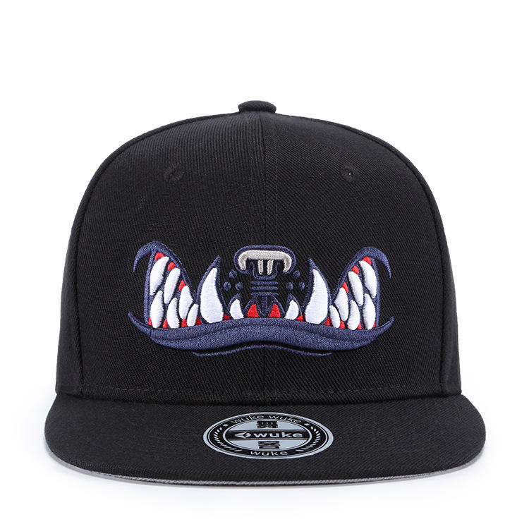 Monster Teeth Embroidered Flat Brim Cap – Black 3D Graphic Snapback