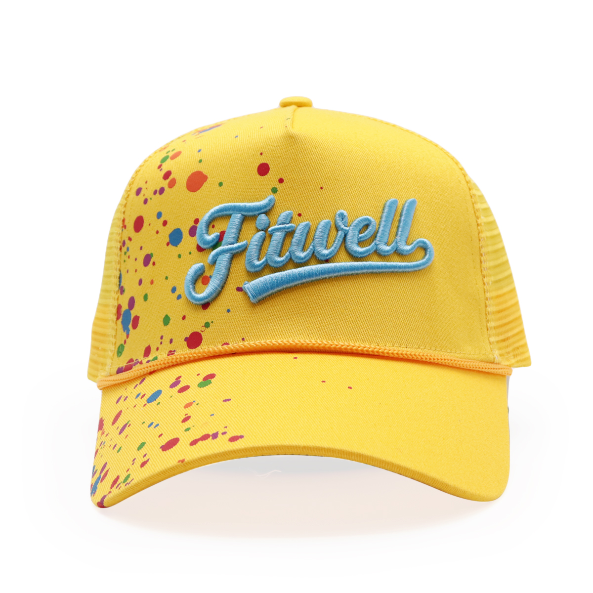 Yellow Paint Splatter 3D Embroidered Rope Trucker Hat Mesh Back Streetwear Cap