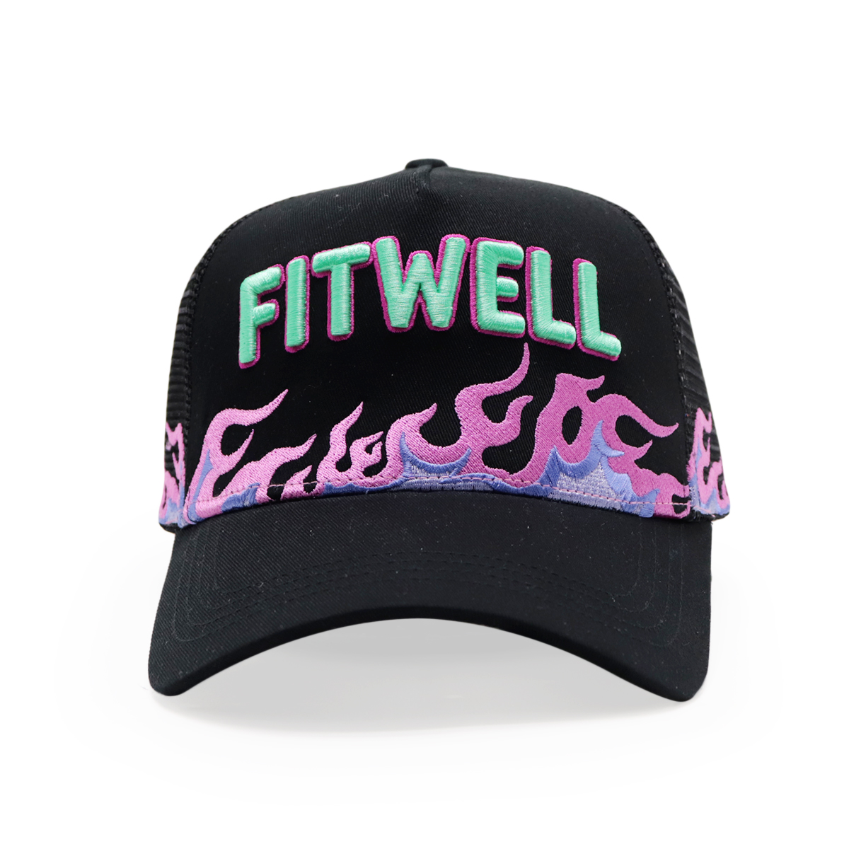 Black Mesh Trucker Cap with Flame Embroidery and FITWELL Logo
