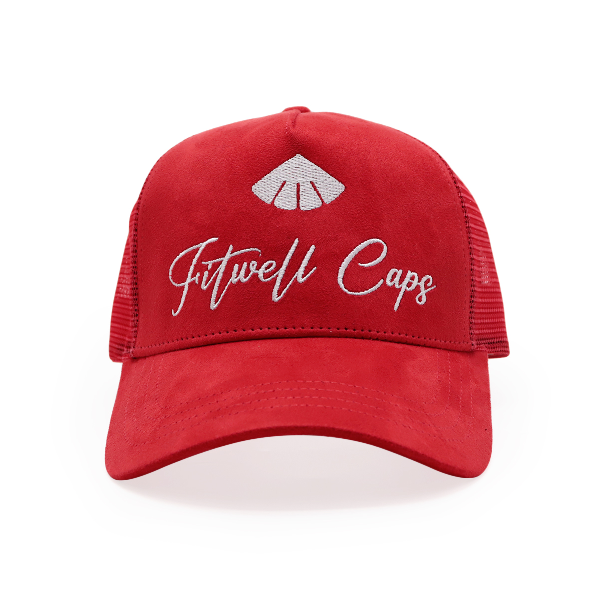 Red Suede Mesh Trucker Hat White Embroidered Script Logo Curved Brim Cap