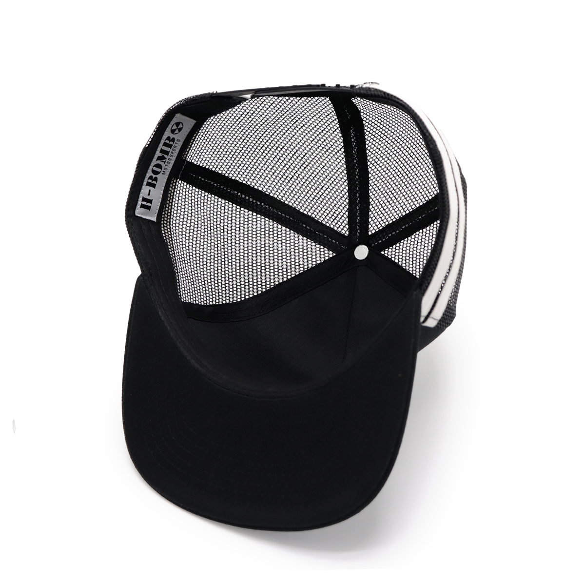 Black Flat Brim H-BOMB Patch Trucker Hat – Custom Snapback Mesh Cap for Motorsports Fans