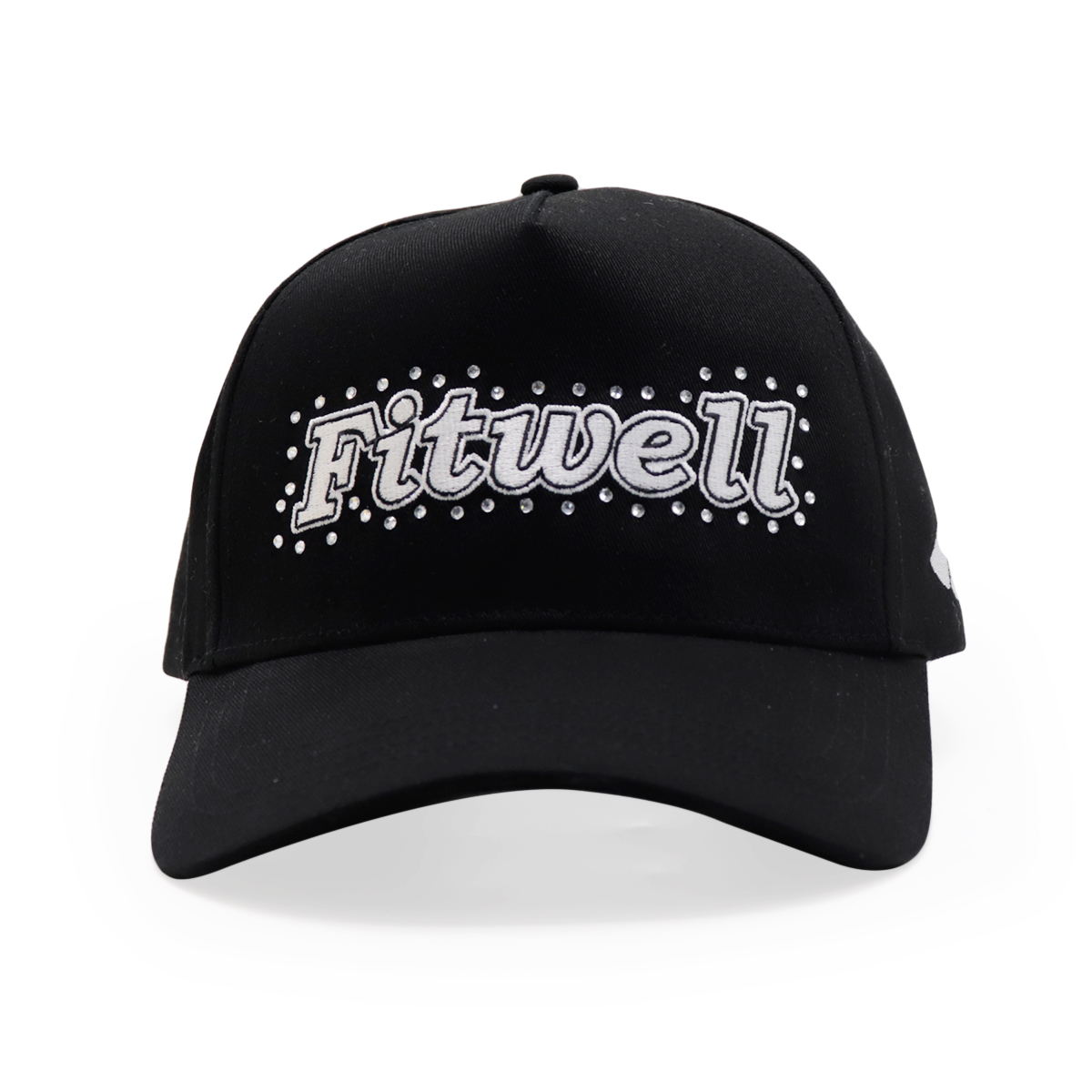 Black Baseball Cap with Silver Fitwell Embroidery and Rhinestone Studs