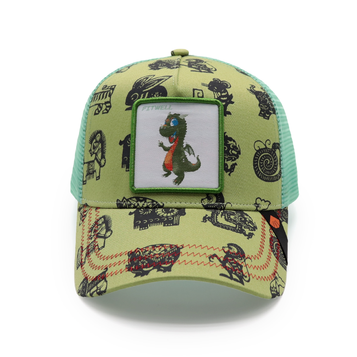 Cartoon Dinosaur Print Baseball Cap with Embroidered Patch - FITWELL Trendy Adjustable Trucker Hat