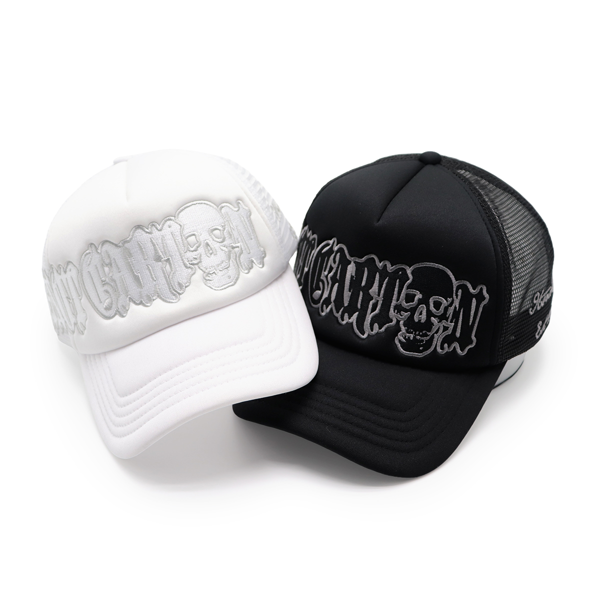 Gothic Skull Embroidered Trucker Cap – Adjustable Mesh Streetwear Hat