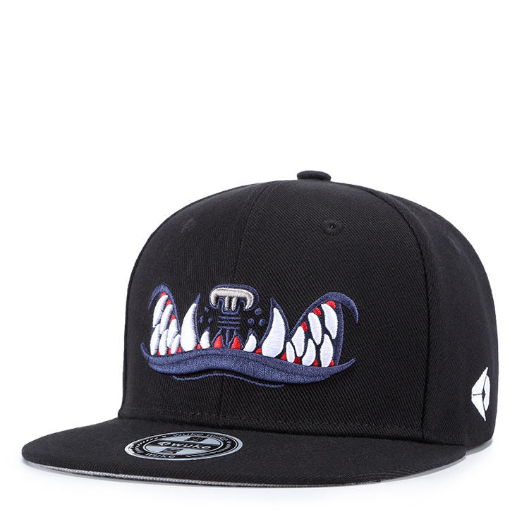 Monster Teeth Embroidered Flat Brim Cap – Black 3D Graphic Snapback