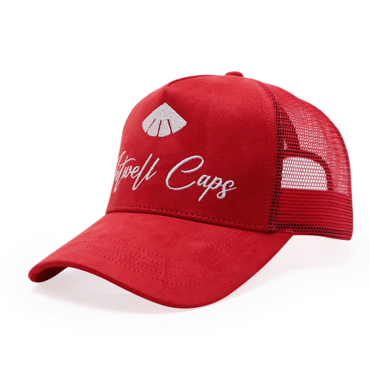Red Suede Mesh Trucker Hat White Embroidered Script Logo Curved Brim Cap