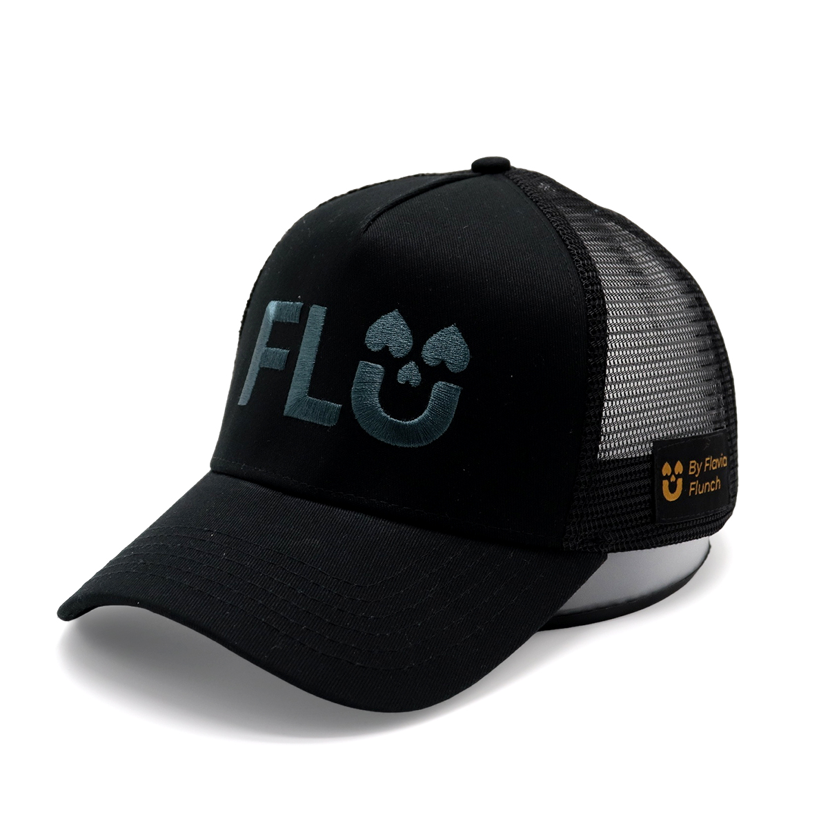 Black Cotton Twill Trucker Cap with 3D Embroidered FLU Logo | Mesh Snapback Hat