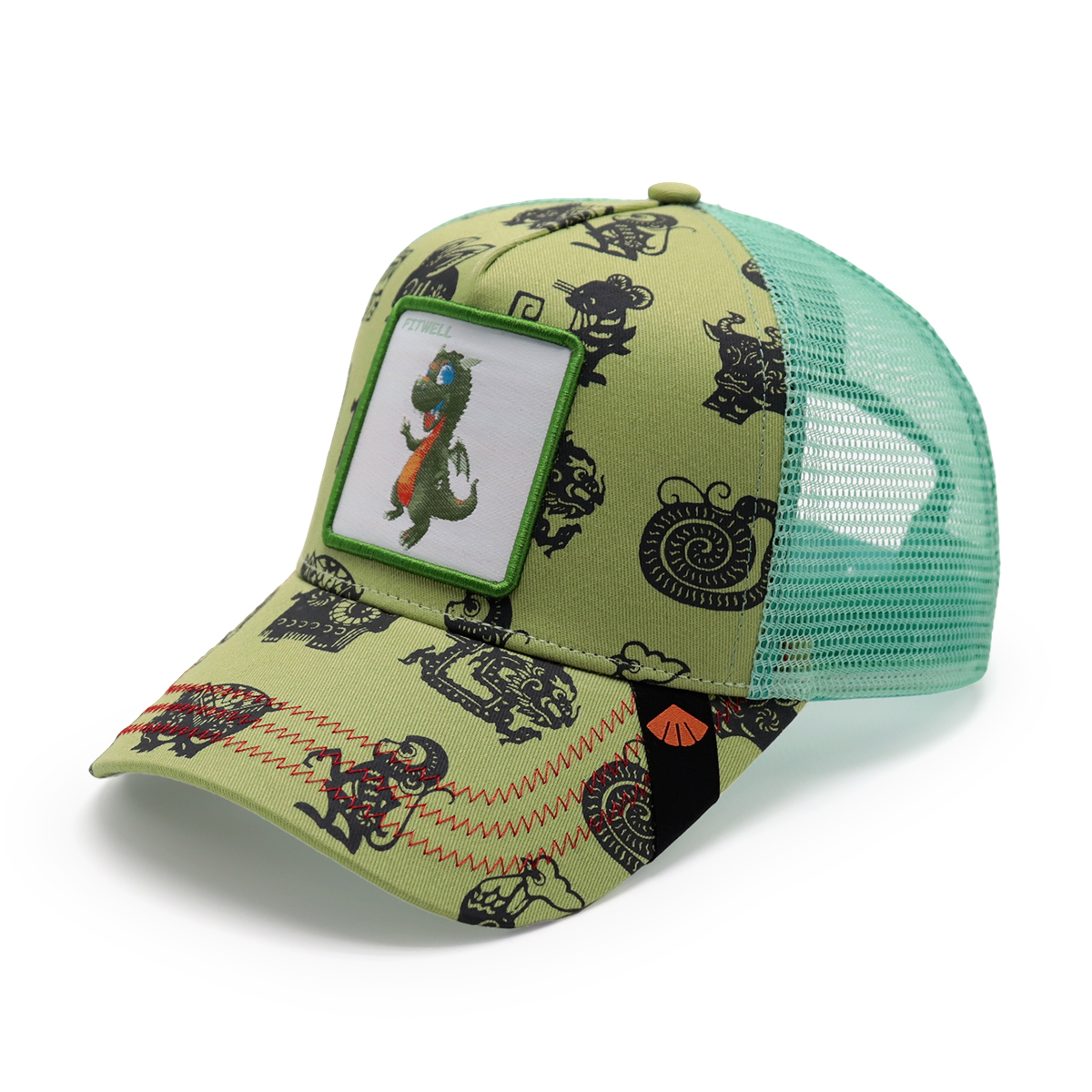Cartoon Dinosaur Print Baseball Cap with Embroidered Patch - FITWELL Trendy Adjustable Trucker Hat