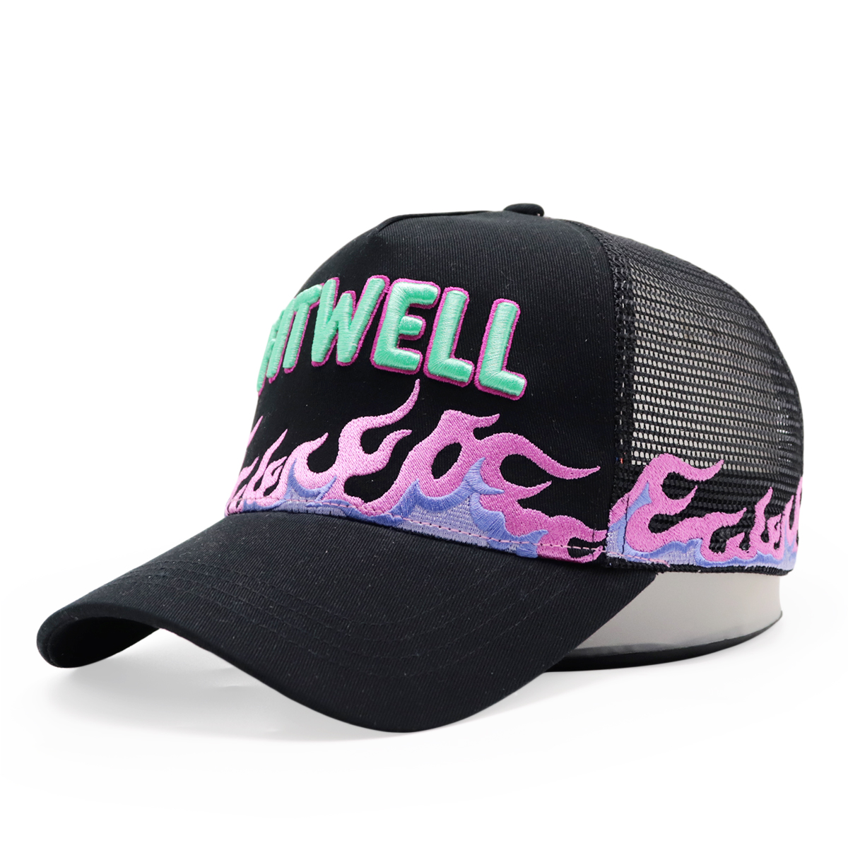 Black Mesh Trucker Cap with Flame Embroidery and FITWELL Logo