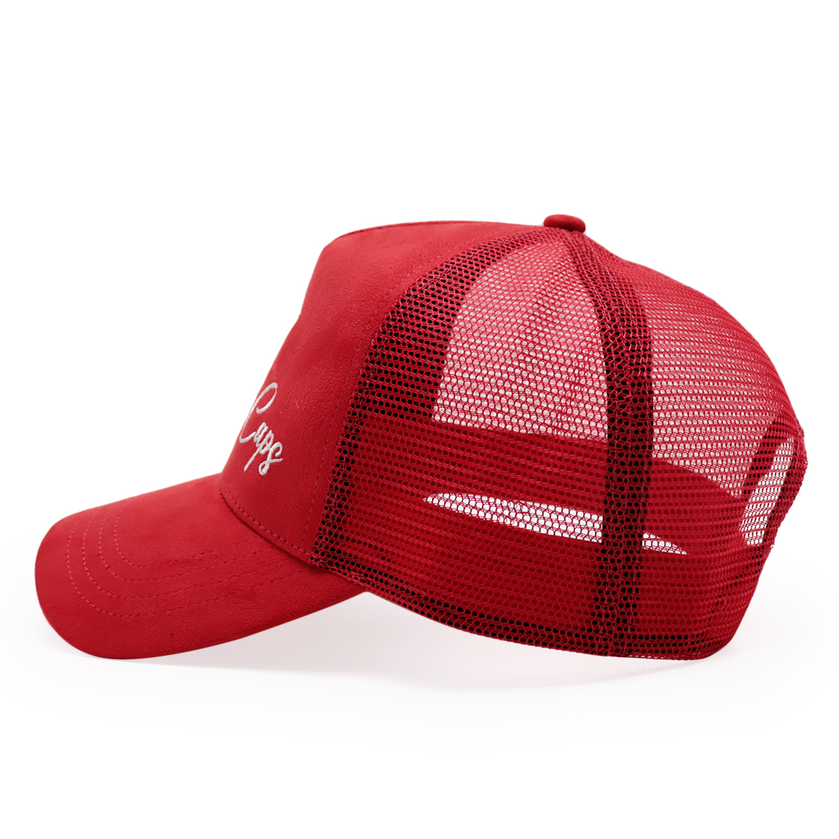 Red Suede Mesh Trucker Hat White Embroidered Script Logo Curved Brim Cap