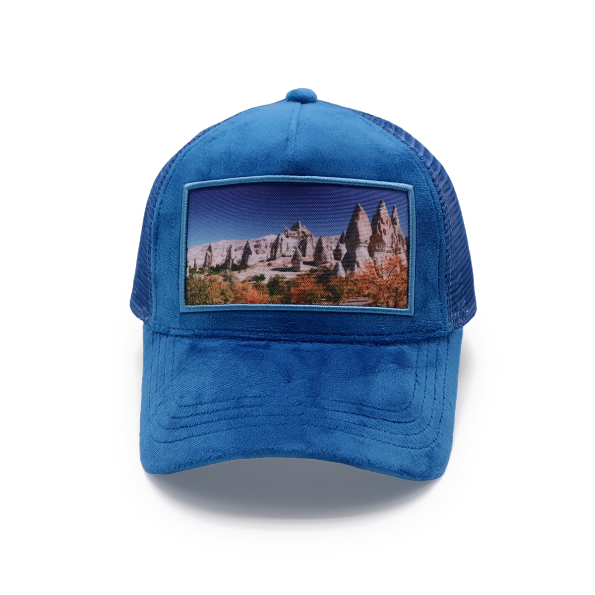 Custom Scenic Photo Suede Trucker Hat – Beige Brown Mesh Snapback Cap, Soft Baseball Hat, Unisex Adjustable