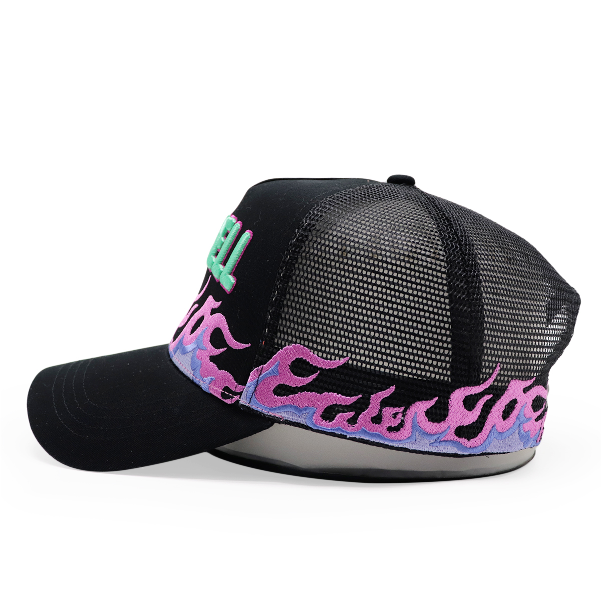 Black Mesh Trucker Cap with Flame Embroidery and FITWELL Logo