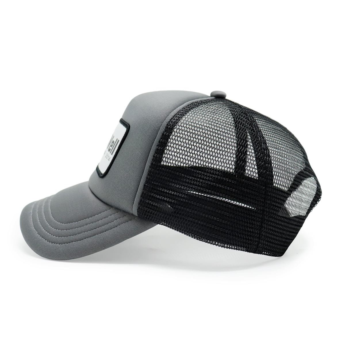 FitWell Logo Patch Mesh Trucker Hat – Unisex Adjustable Gray and Black Baseball Cap