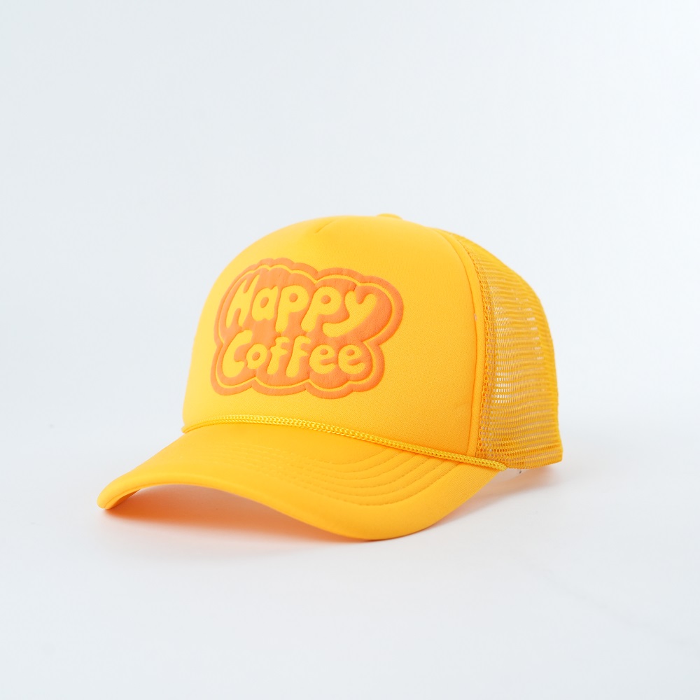 Yellow Happy Coffee Foam Mesh Trucker Cap with Raised Front Logo