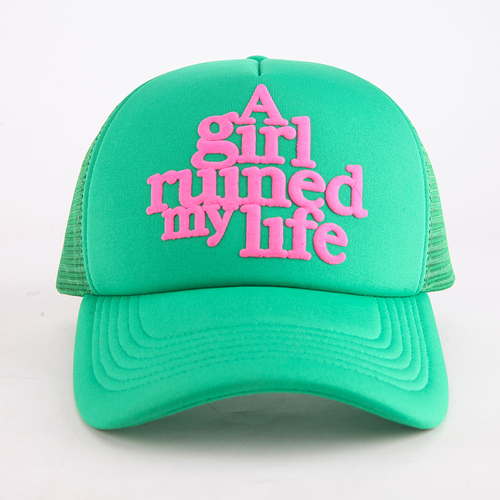 Mint Green 5-Panel Trucker Cap with Raised Pink Slogan Puff Print, Mesh Side Panels and Curved Brim