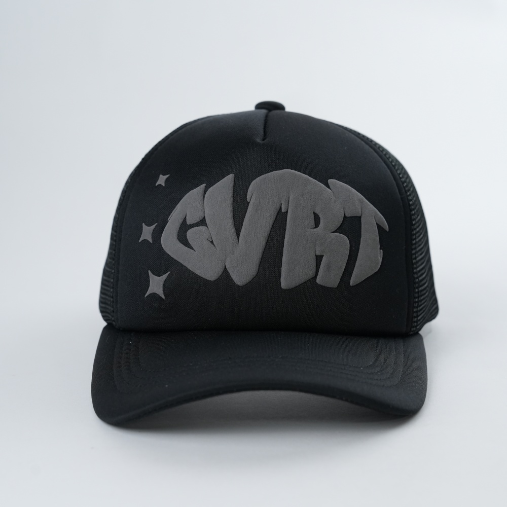 Black Foam-Mesh Trucker Cap with Tonal Raised Graffiti Logo
