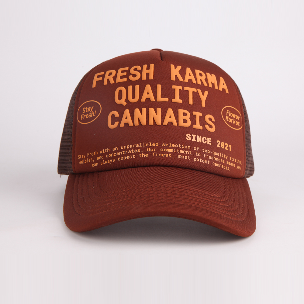Raised Graphic Mesh Back Trucker Cap with Curved Brim