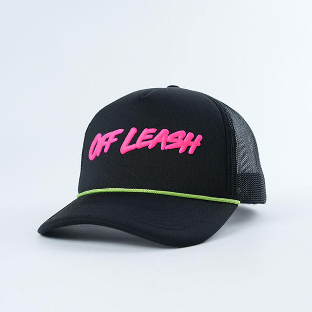 Black Mesh Rope Trucker Cap with Hot Pink Raised Letter Logo