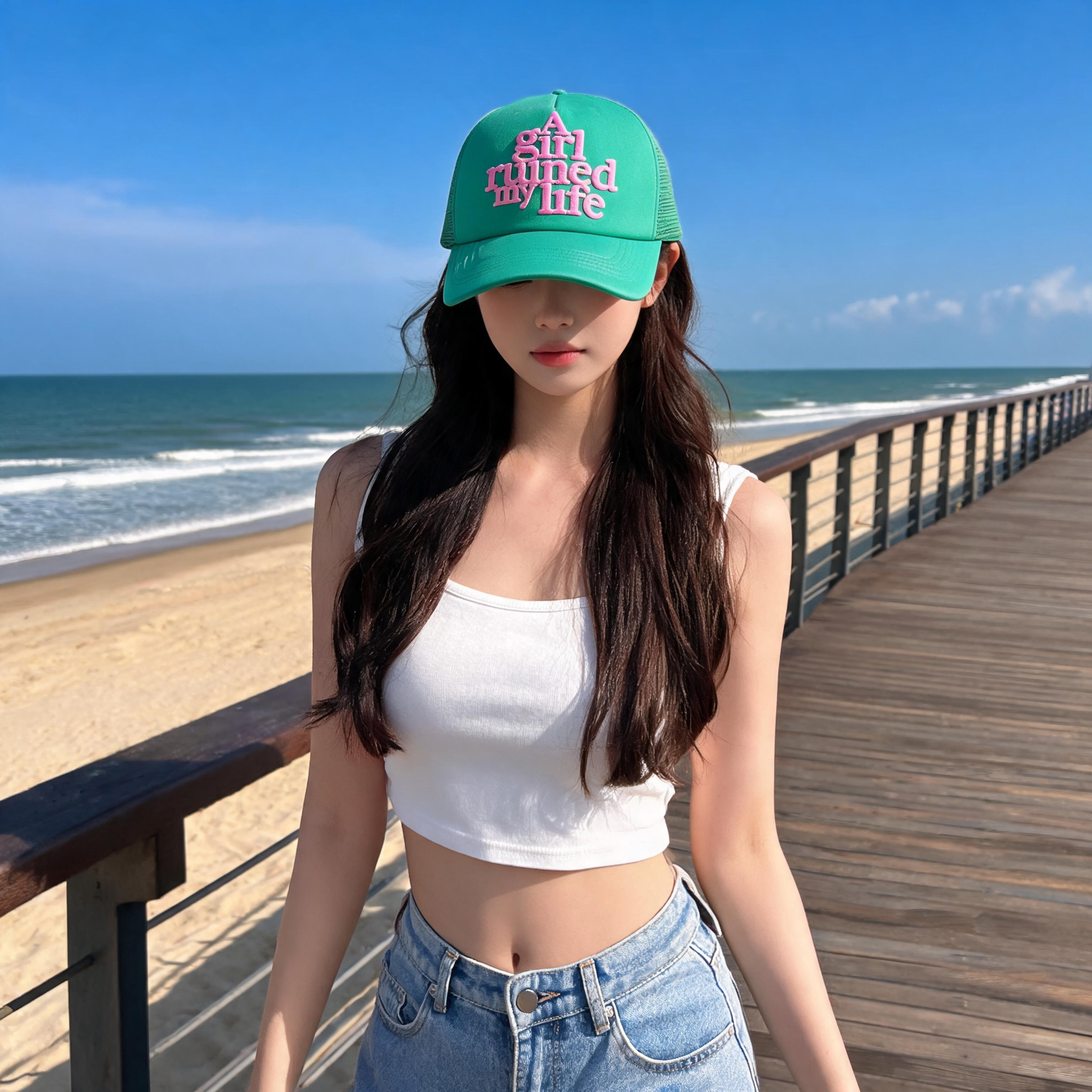 Mint Green 5-Panel Trucker Cap with Raised Pink Slogan Puff Print, Mesh Side Panels and Curved Brim