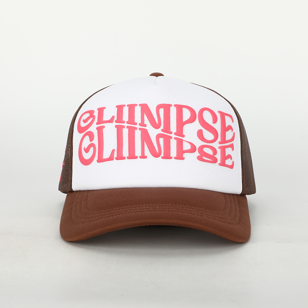 Vintage Brown Mesh Back Trucker Cap with Pink 3D Embroidered Logo and Adjustable Snap Closure