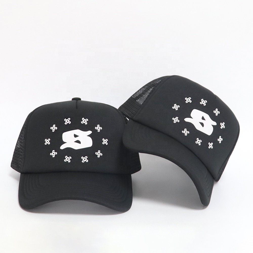 Black Mesh-Back Trucker Cap with White Raised Monogram Graphic