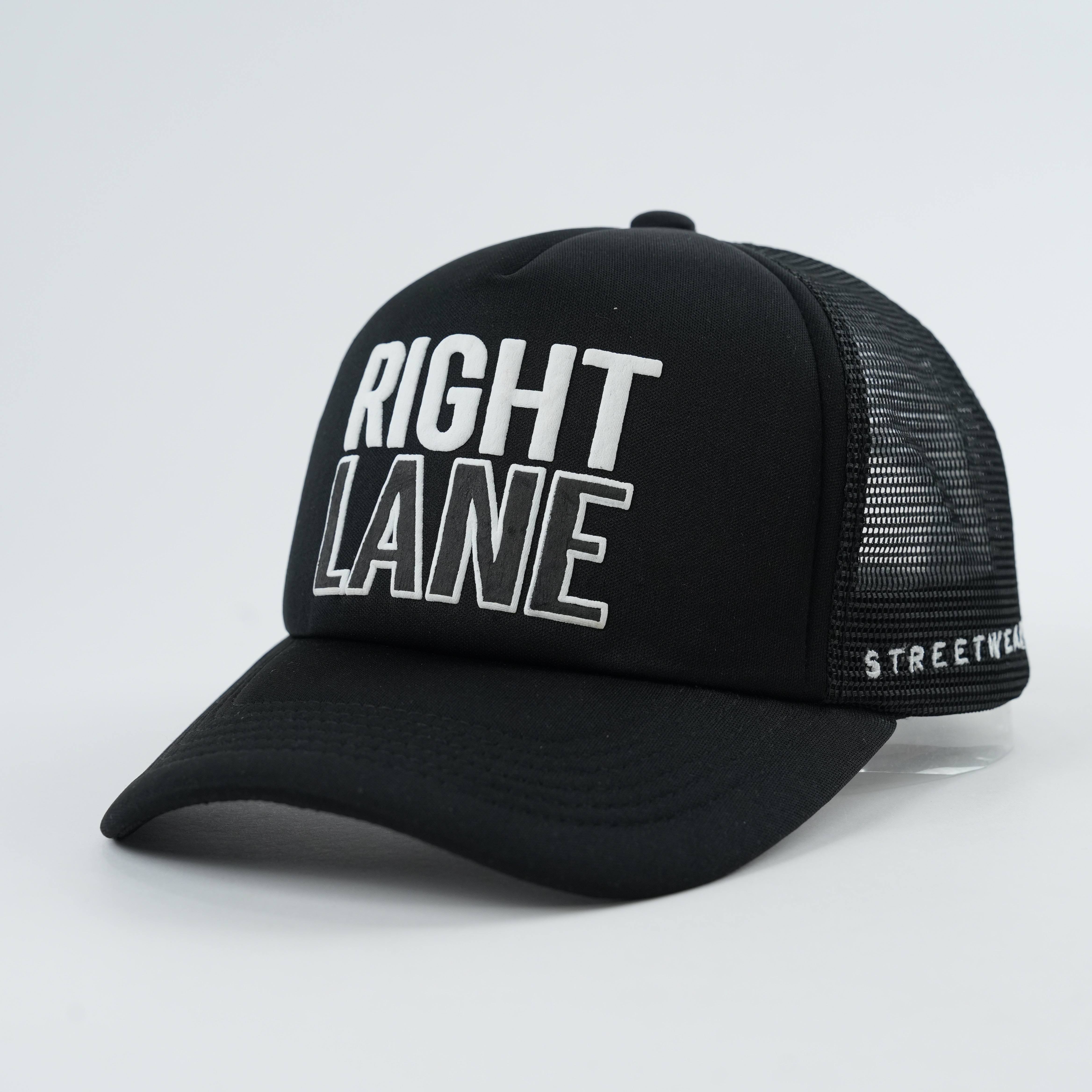 Black RIGHT LANE Raised Letter Mesh Trucker Cap