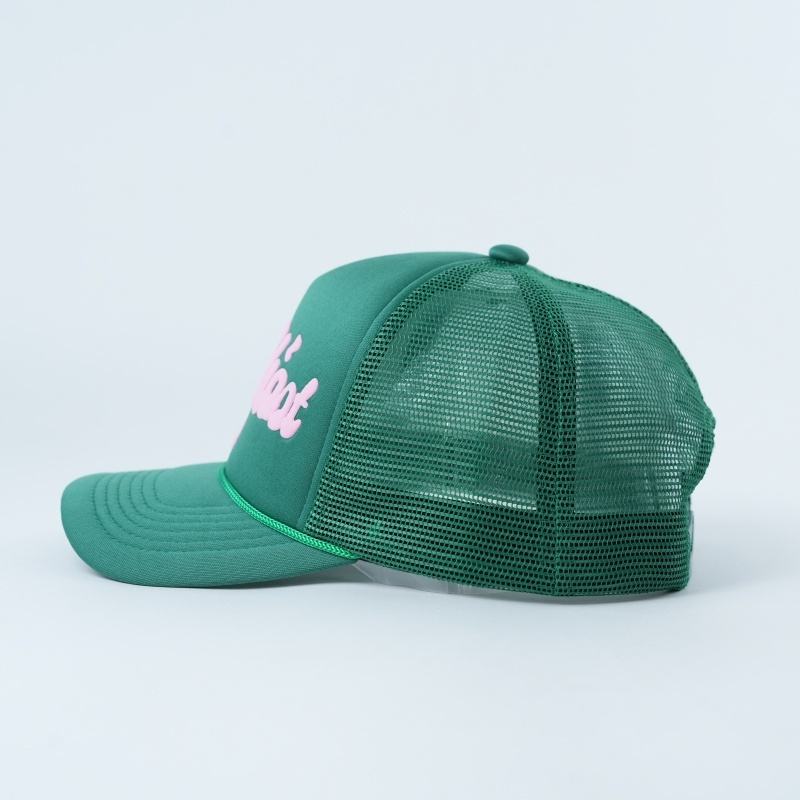 Green Holy Ghost 5 Panel Mesh Trucker Cap with Pink 3D Puff Lettering and Rope Detail