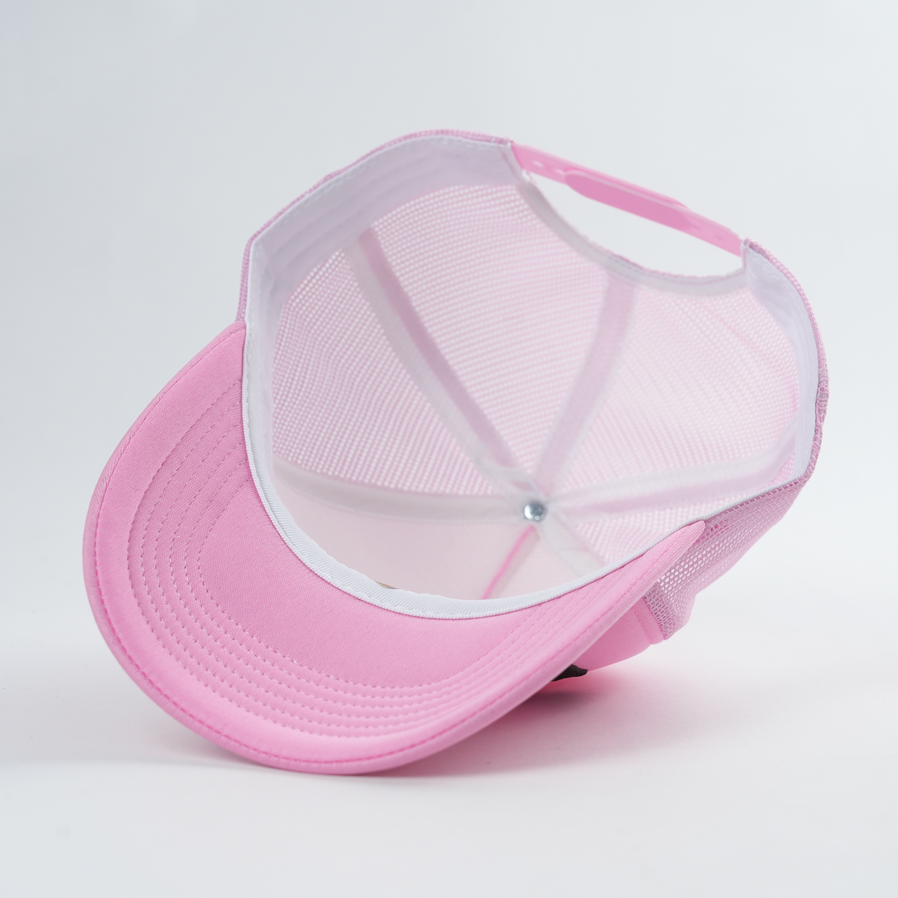 Pink Five Panel Mesh Trucker Cap with Black 3D Puff Lettering