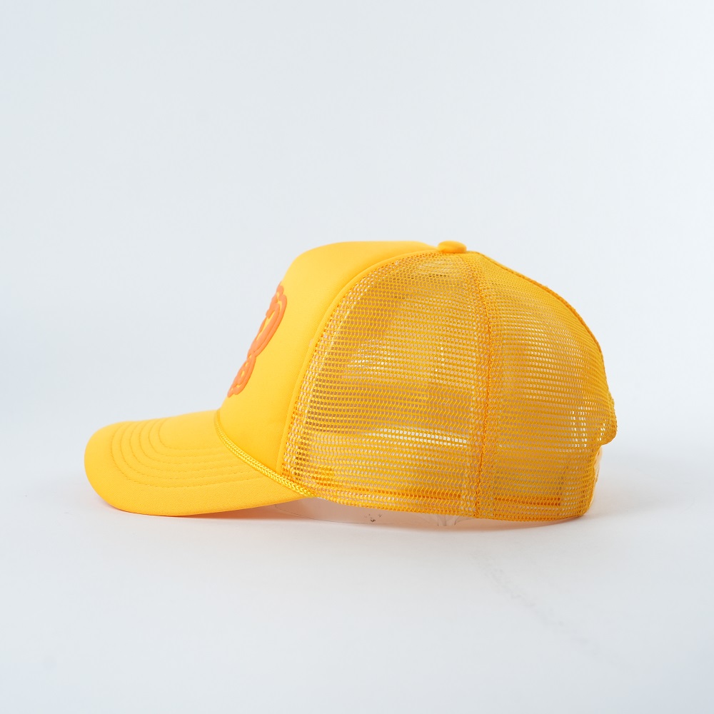 Yellow Happy Coffee Foam Mesh Trucker Cap with Raised Front Logo