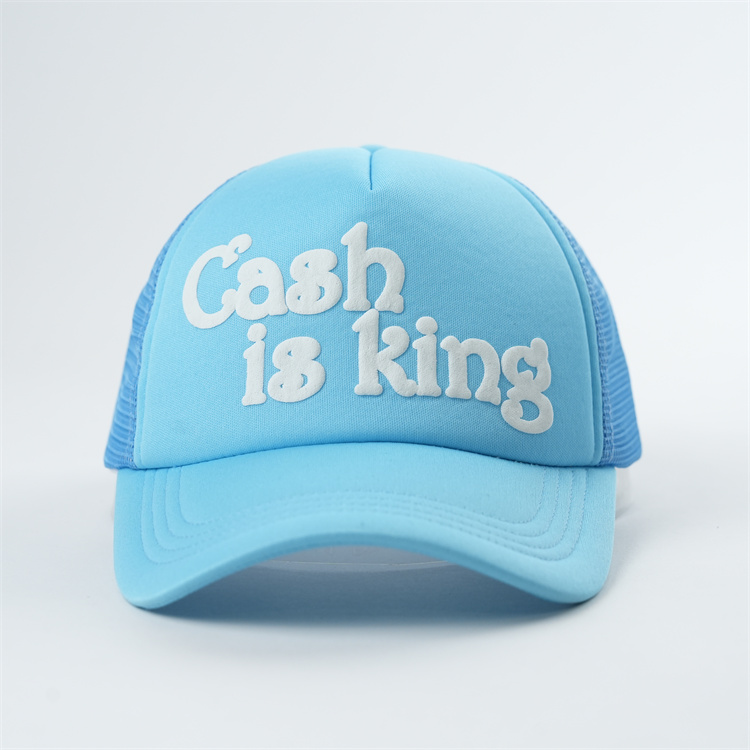 Sky Blue Cash Is King Foam Mesh Trucker Cap with Raised White Lettering