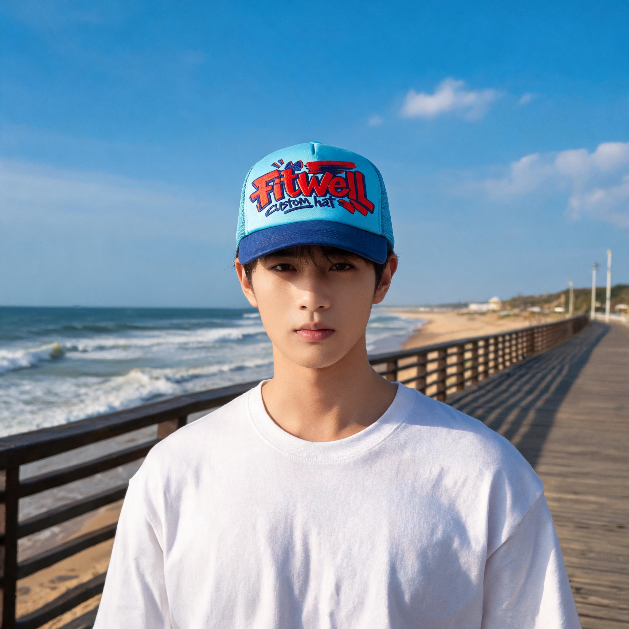 Blue Mesh Back Trucker Hat with Colorful 3D Puff Print Graphic Logo Streetwear Cap