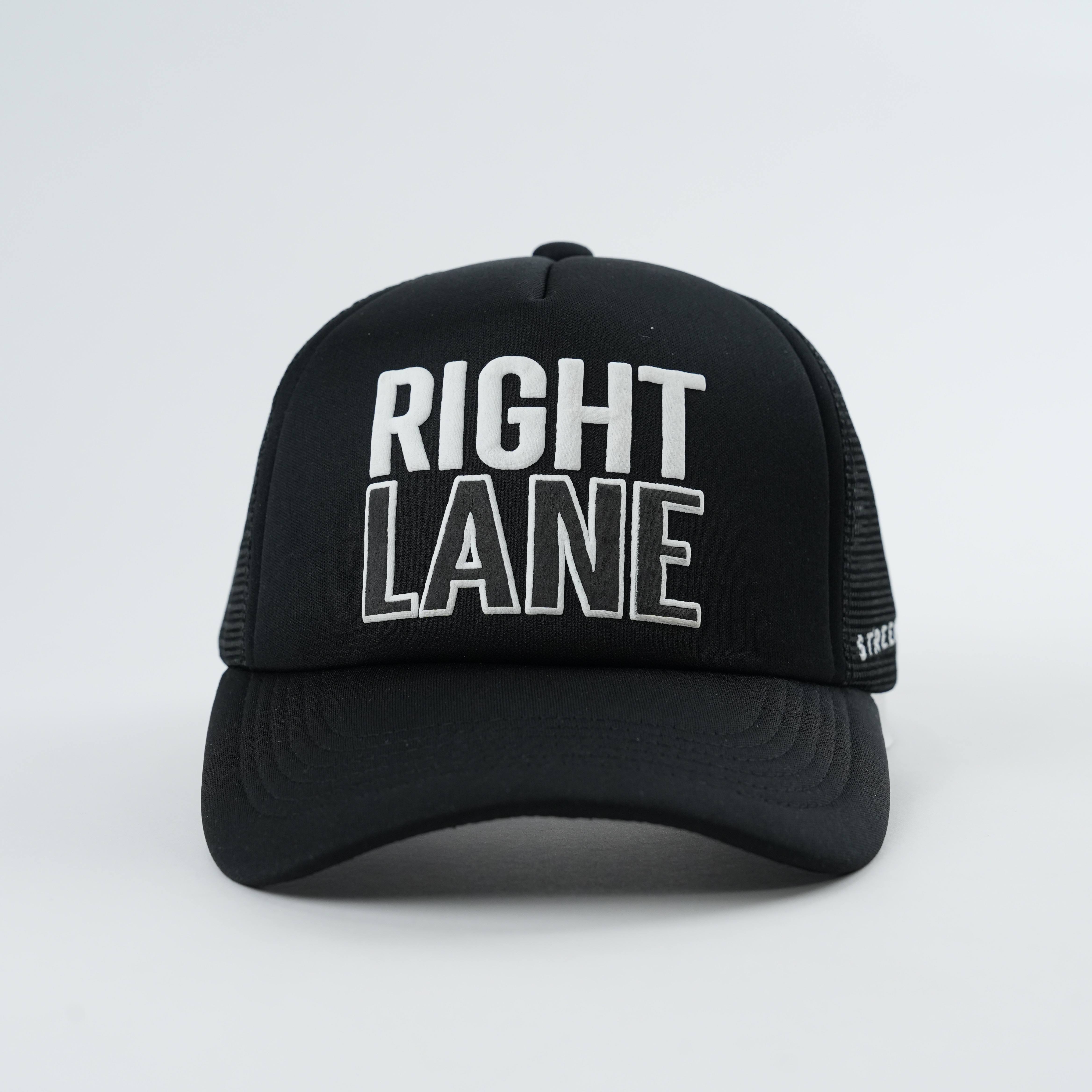 Black RIGHT LANE Raised Letter Mesh Trucker Cap