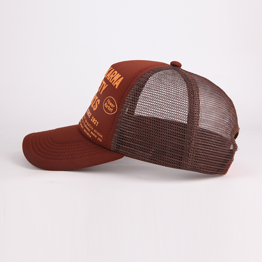 Raised Graphic Mesh Back Trucker Cap with Curved Brim