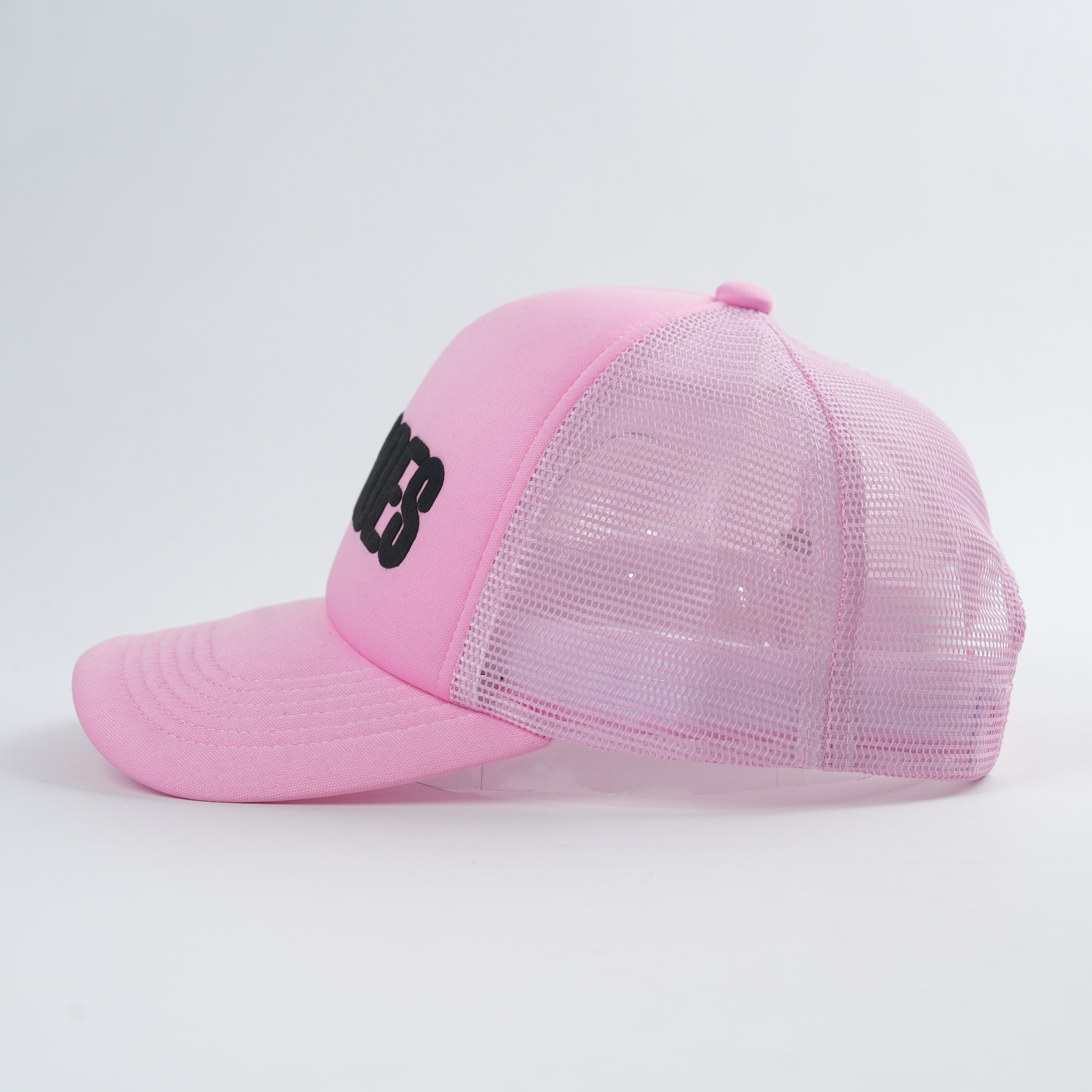 Pink Five Panel Mesh Trucker Cap with Black 3D Puff Lettering