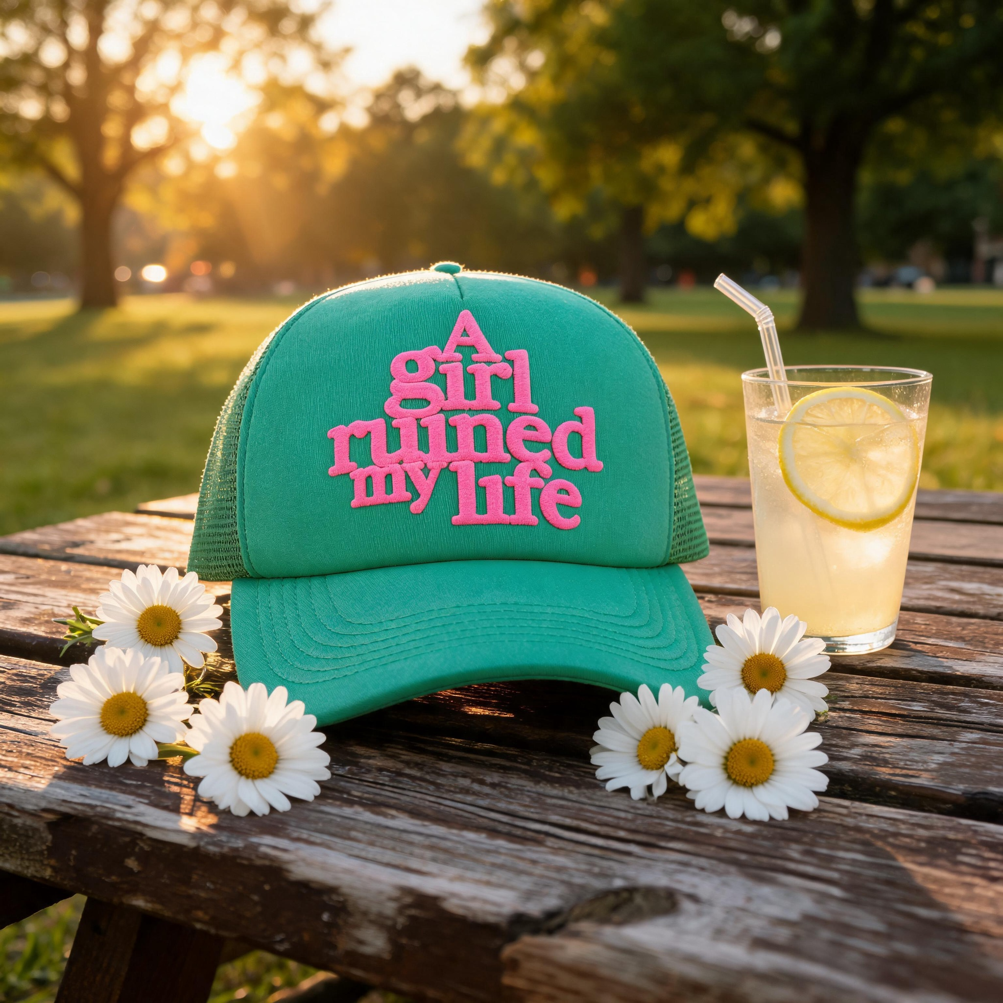 Mint Green 5-Panel Trucker Cap with Raised Pink Slogan Puff Print, Mesh Side Panels and Curved Brim
