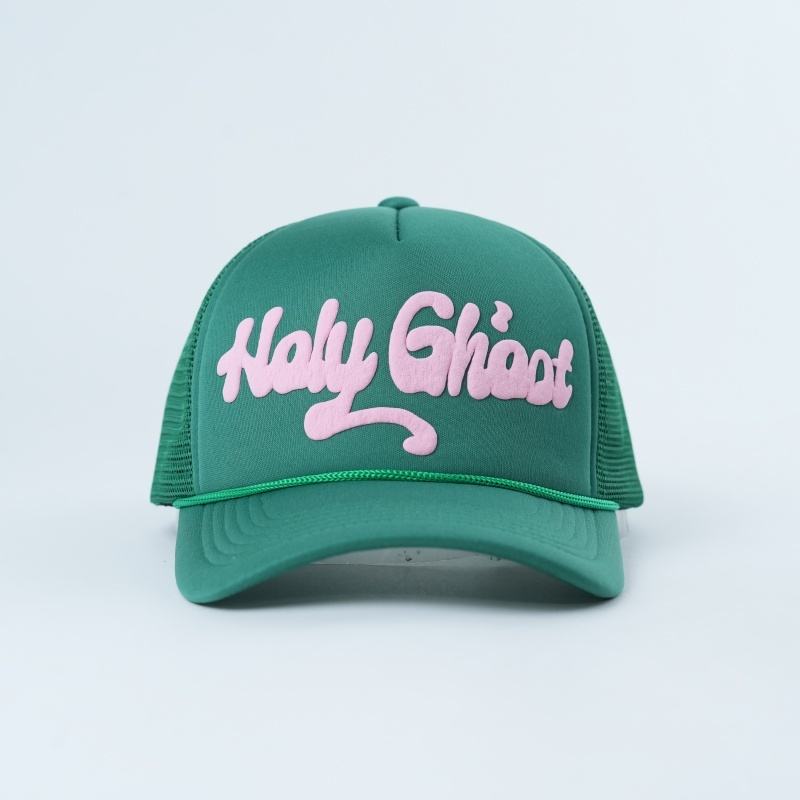 Green Holy Ghost 5 Panel Mesh Trucker Cap with Pink 3D Puff Lettering and Rope Detail