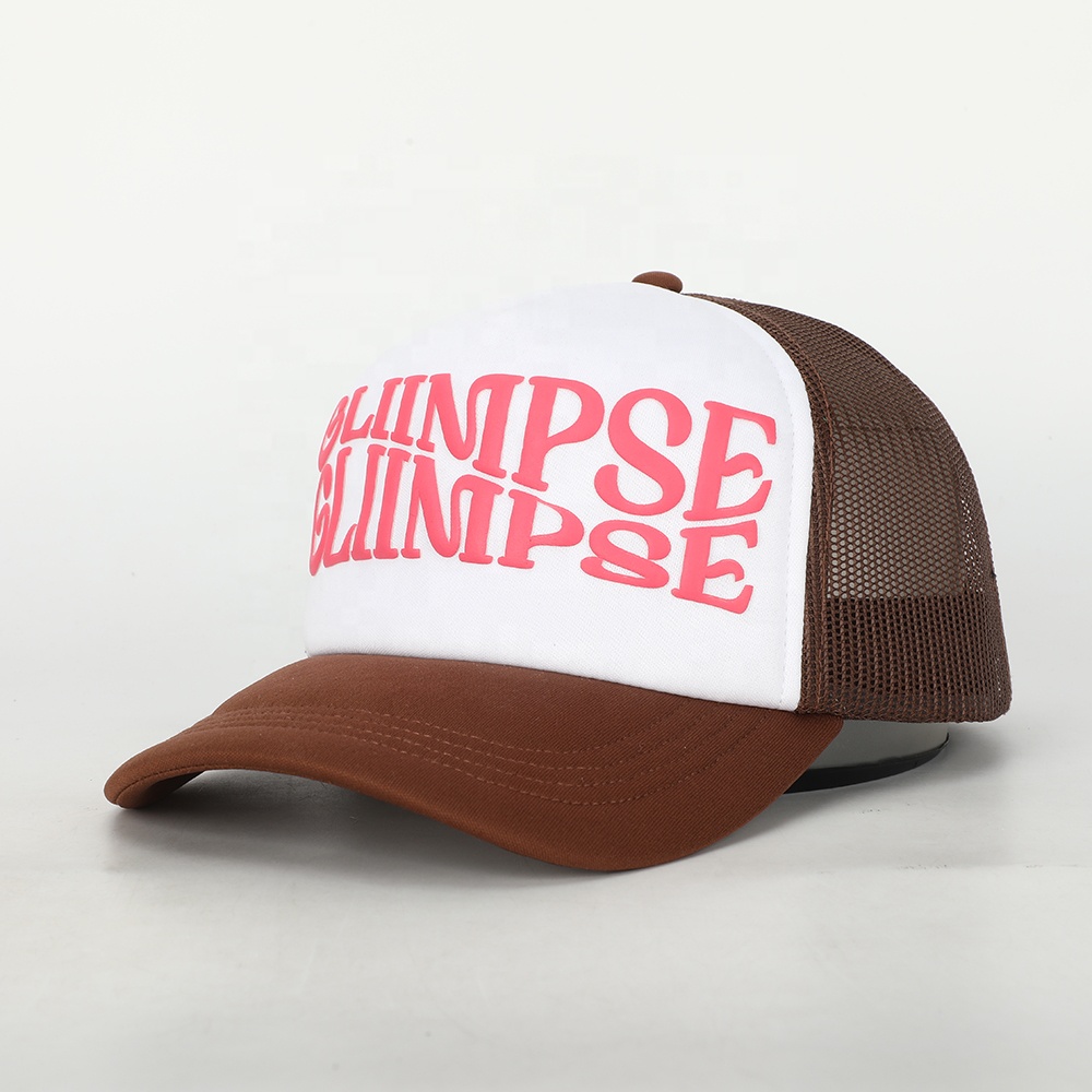 Vintage Brown Mesh Back Trucker Cap with Pink 3D Embroidered Logo and Adjustable Snap Closure