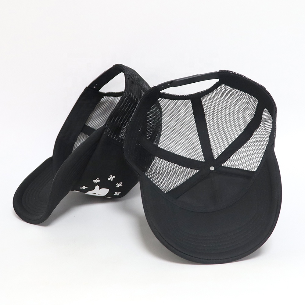 Black Mesh-Back Trucker Cap with White Raised Monogram Graphic