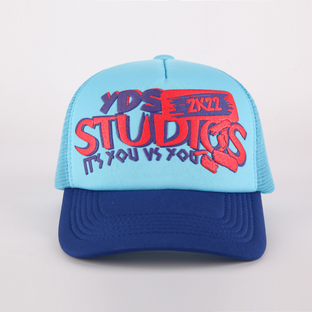 Blue Mesh Back Trucker Hat with Colorful 3D Puff Print Graphic Logo Streetwear Cap